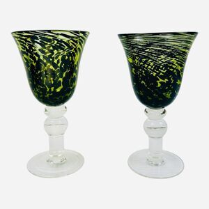 Set of 2 Green and Black Abstract Print Art Glass Water or Wine Goblets No Chips